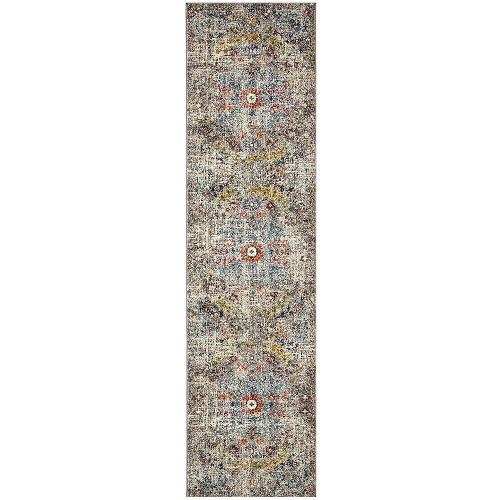 Transitional bohemian runner rug with intricate multicolor pattern and rust accents on polypropylene weave.