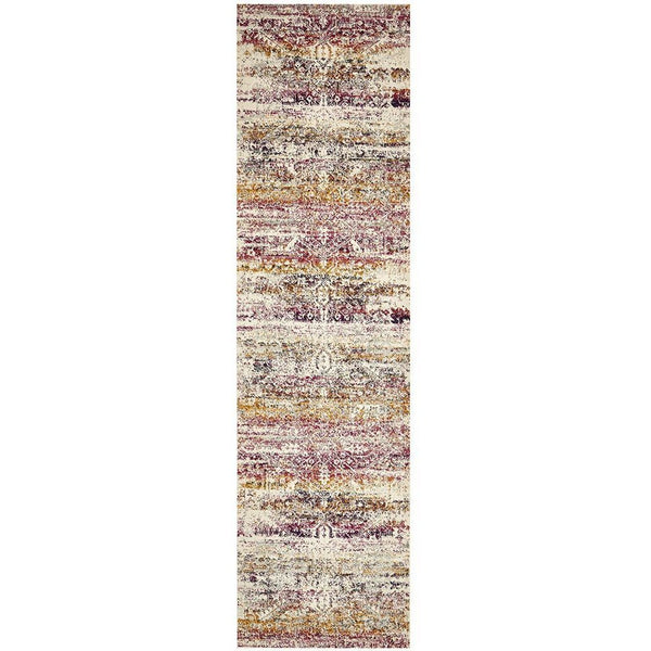 Transitional bohemian runner rug with fuchsia, beige, and multi-colored abstract patterns in a textured weave.