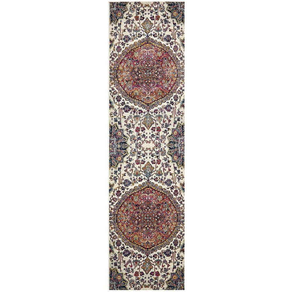 Rust beige bohemian runner rug with intricate multi-colored medallion and floral patterns on cream background.