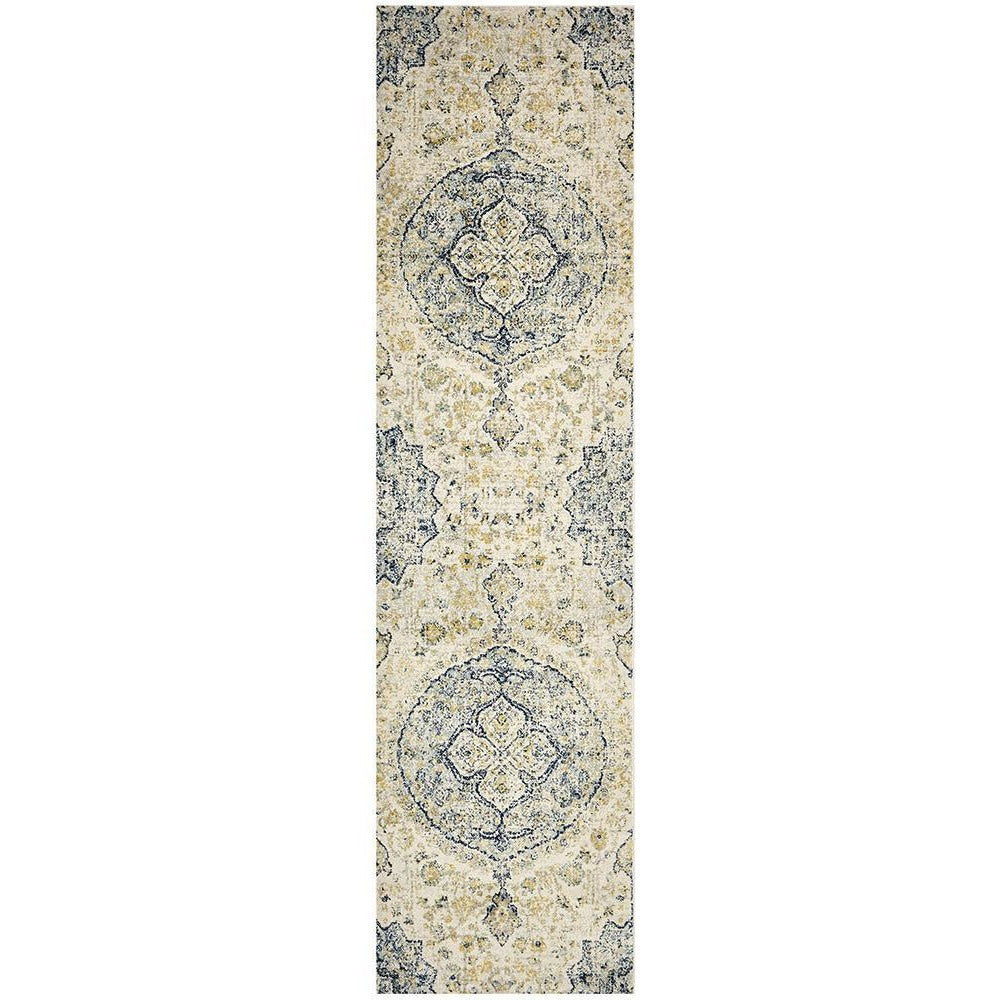Transitional bohemian runner rug with blue and beige intricate medallion pattern on a multi-colored background.