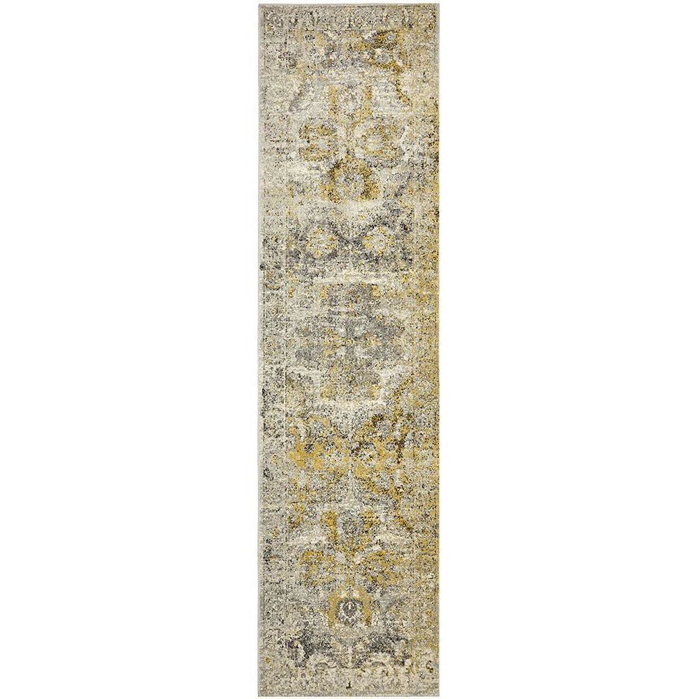 Silver grey bohemian runner rug with intricate distressed floral and geometric patterns in muted gold and charcoal tones.