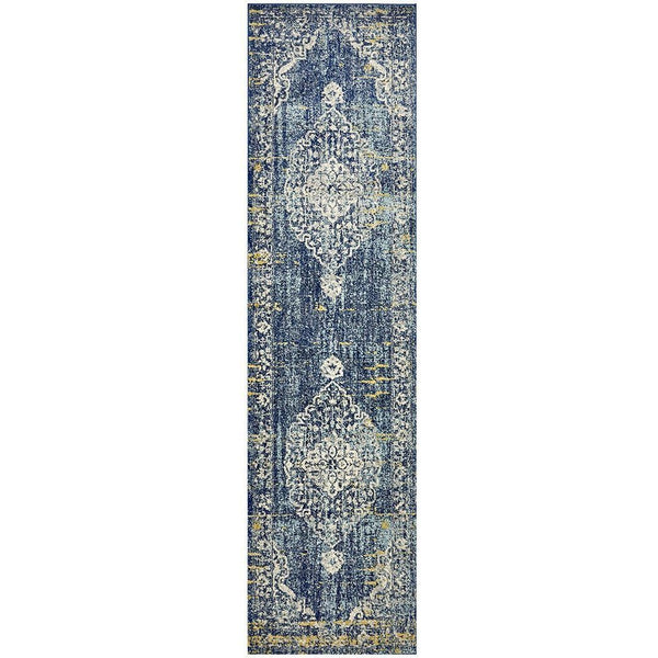 Navy blue transitional runner rug with intricate bohemian cream and gold medallion patterns on a distressed background.