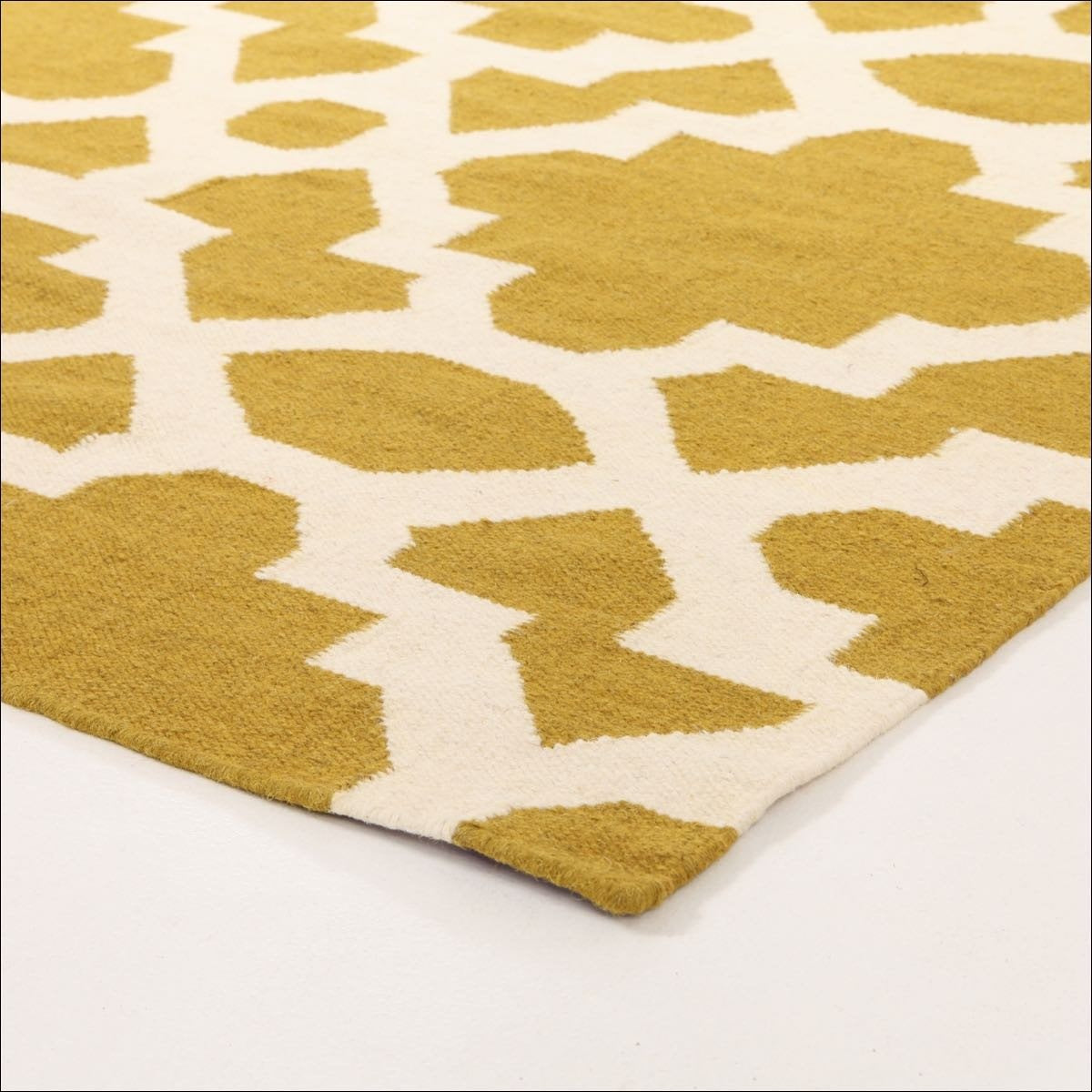 Flat Weave Trellis Design Green White Rug - Rugs Of Beauty