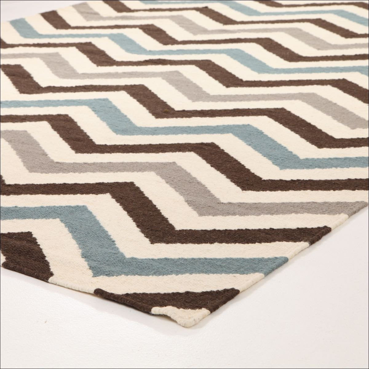 Flat Weave Chevron Design Rug Blue Brown - Rugs Of Beauty