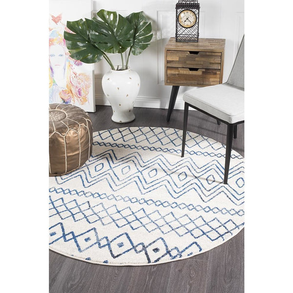 Kemi 1153 White and Blue Modern Tribal Boho Round Rug - Rugs Of Beauty - 5