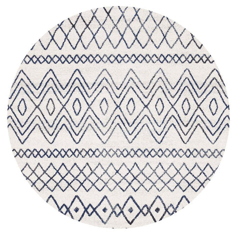 Kemi 1153 White and Blue Modern Tribal Boho Round Rug - Rugs Of Beauty - 1