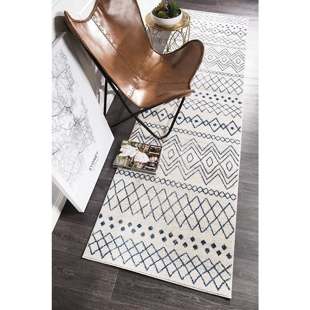 Kemi 1153 White and Blue Modern Tribal Boho Runner Rug - Rugs Of Beauty - 6