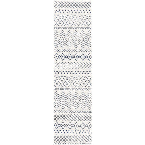 Kemi 1153 White and Blue Modern Tribal Boho Runner Rug - Rugs Of Beauty - 1