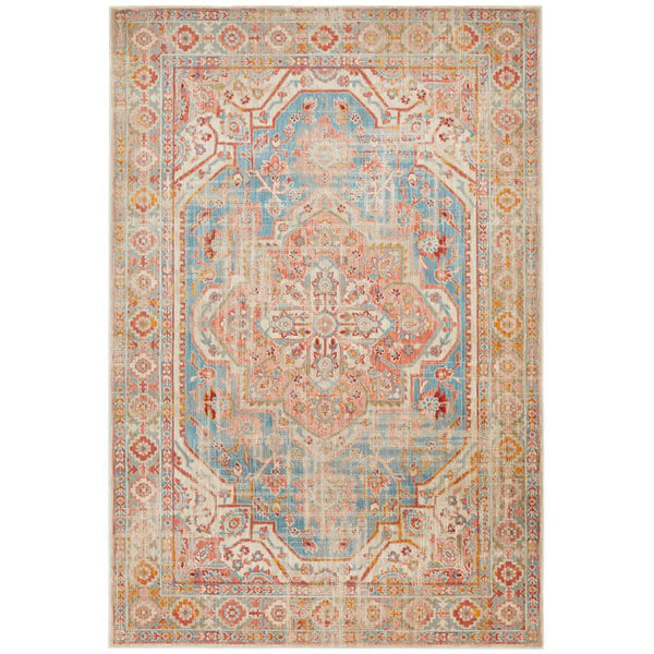 Blue multi color transitional rug with ornate geometric and floral patterns in beige and rust tones.