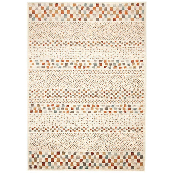 Beige earth-toned traditional rug with multi-colored geometric and dotted pattern.