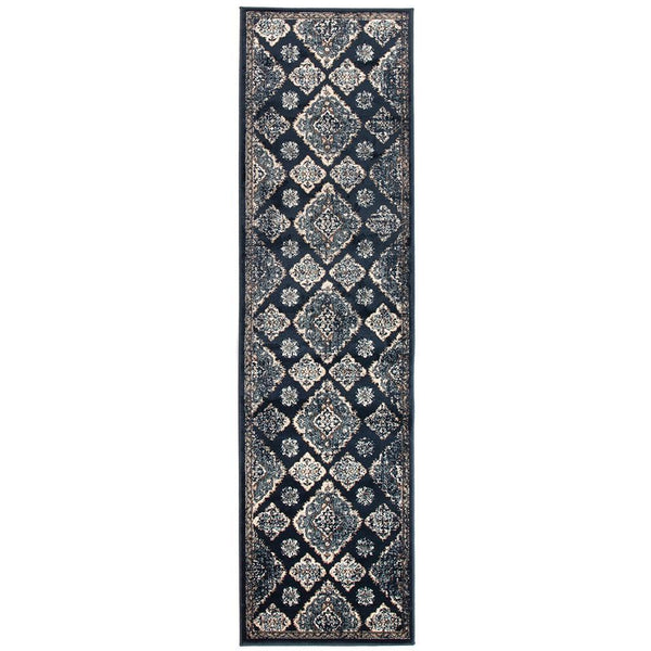 Caliente 325 Navy Blue Multi Coloured Patterned Traditional Runner Rug - Rugs Of Beauty - 1