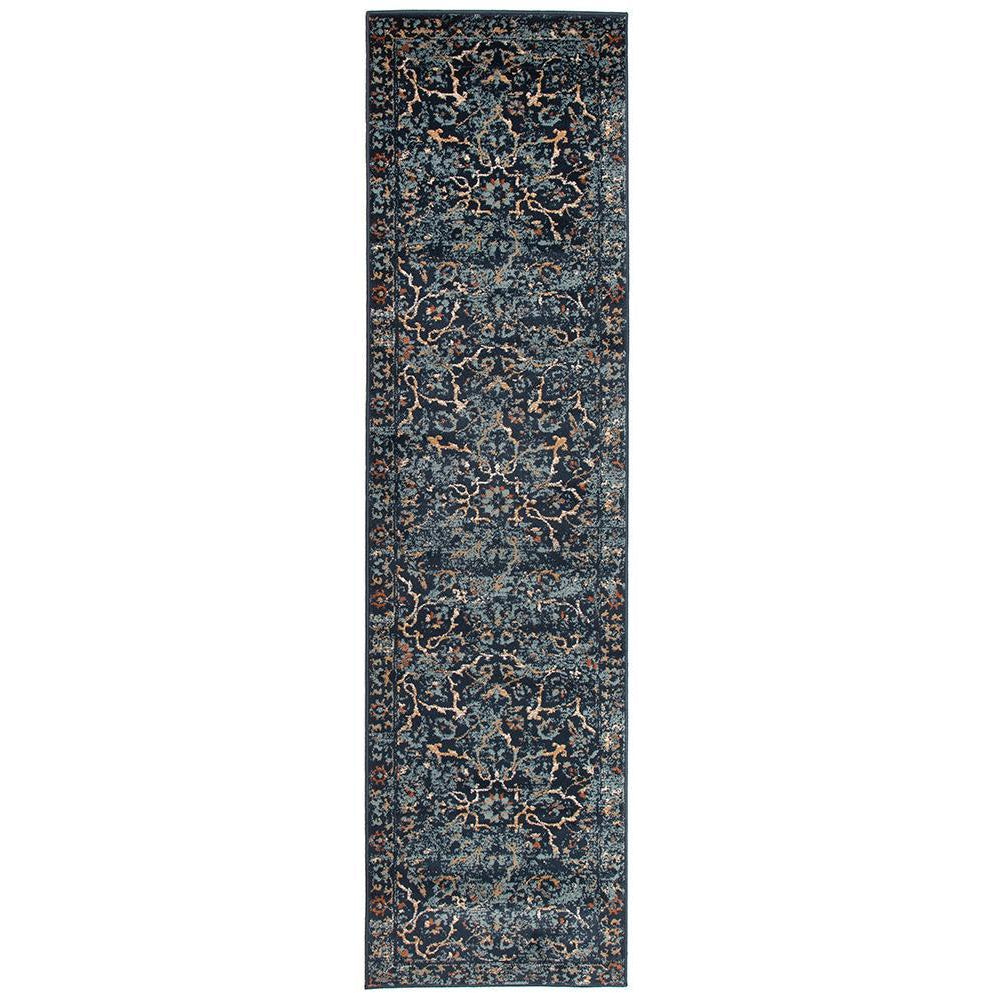 Caliente 328 Navy Blue Multi Coloured Patterned Traditional Runner Rug - Rugs Of Beauty - 1
