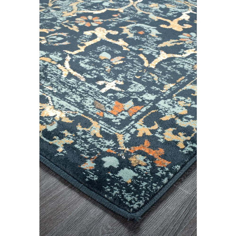 Caliente 328 Navy Blue Multi Coloured Patterned Faded Traditional Rug ...