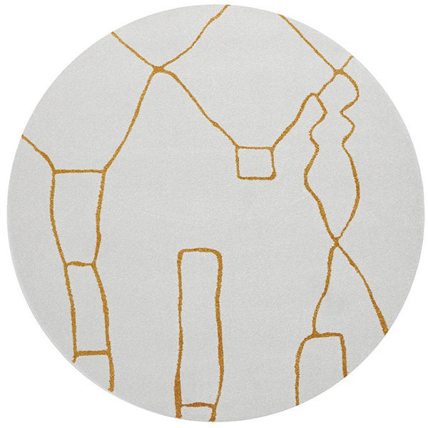 Round light gray rug with abstract gold linear modern pattern.
