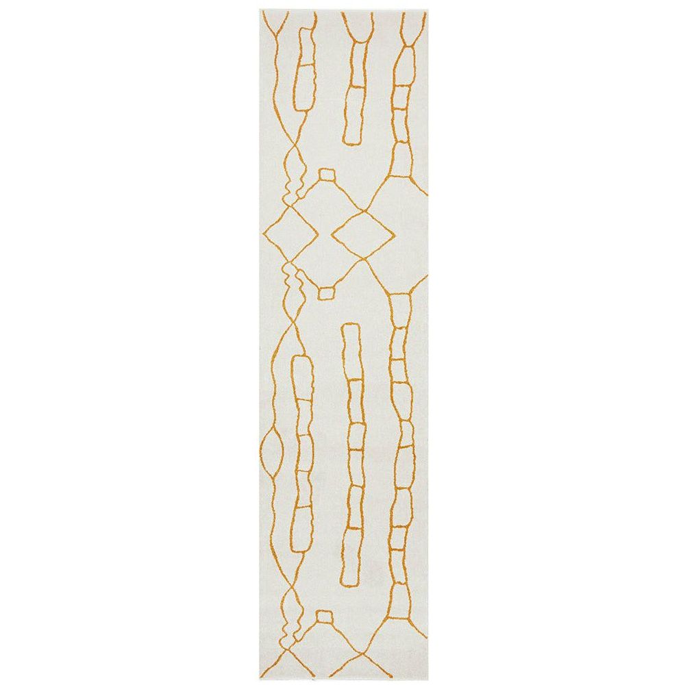 Long narrow runner rug in ivory with modern gold linear and geometric patterns.