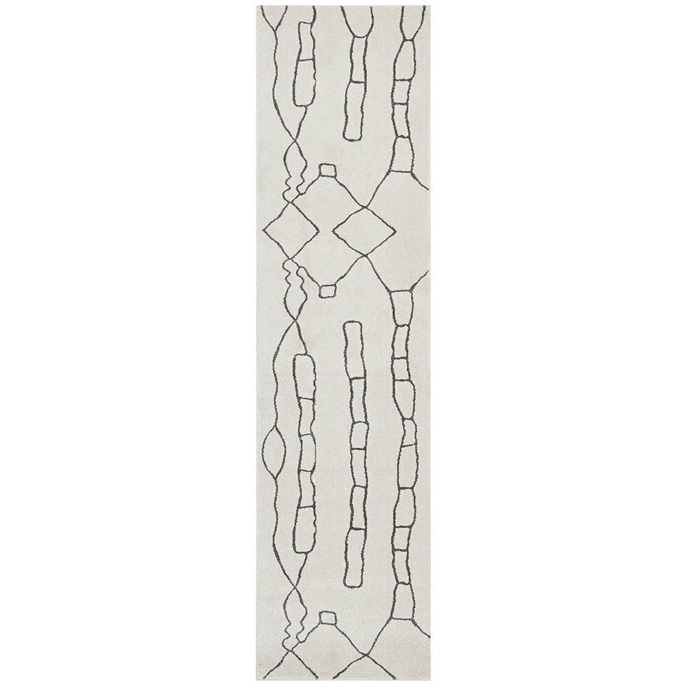 Grey runner rug with modern geometric lines and diamond patterns on a light background.