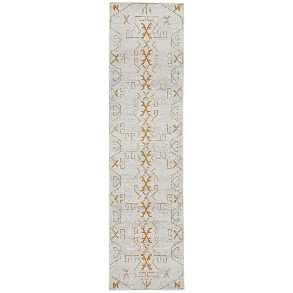 Long runner rug with a beige background and gold geometric patterns along the center and edges.