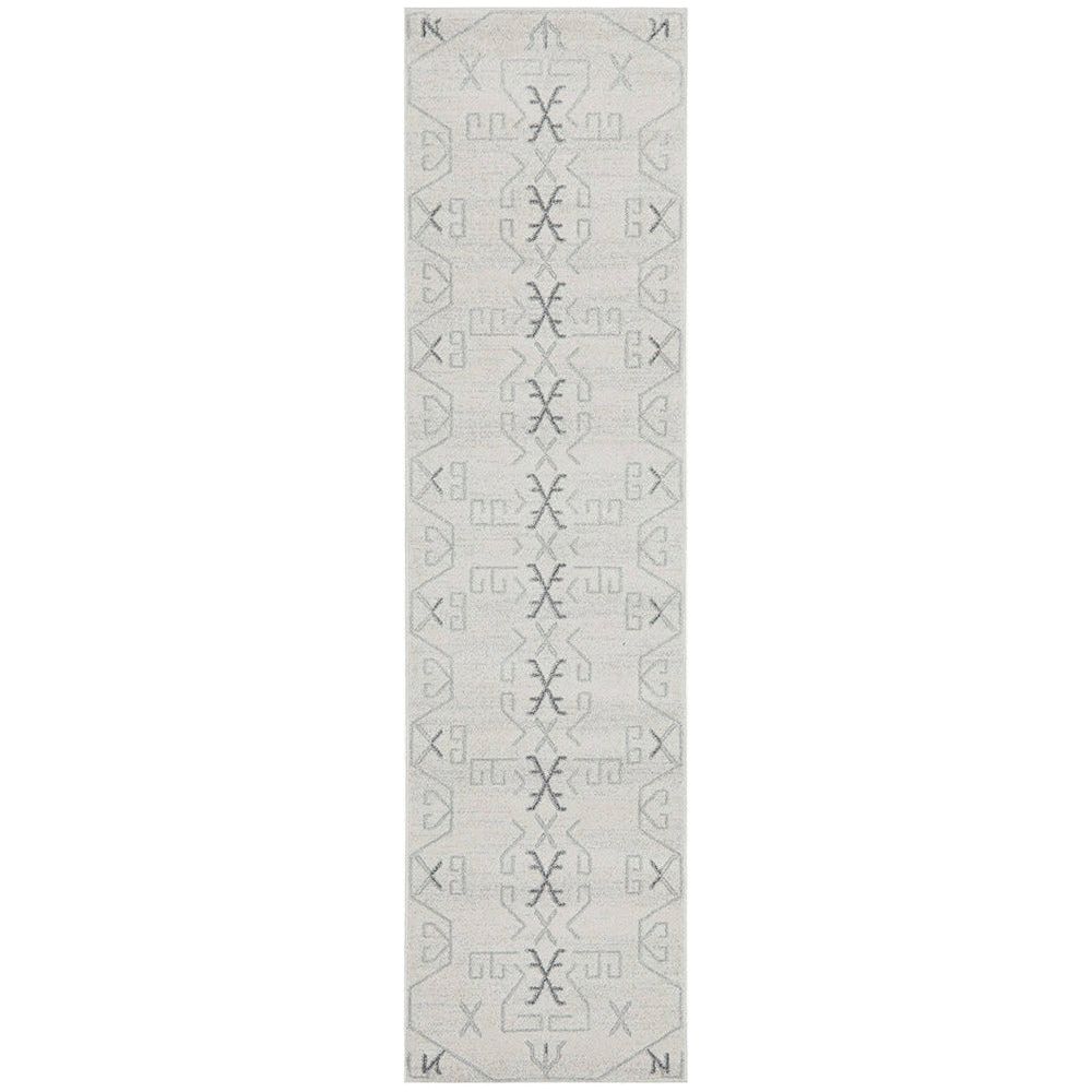 Long grey runner rug with a subtle geometric modern pattern and light textured details.