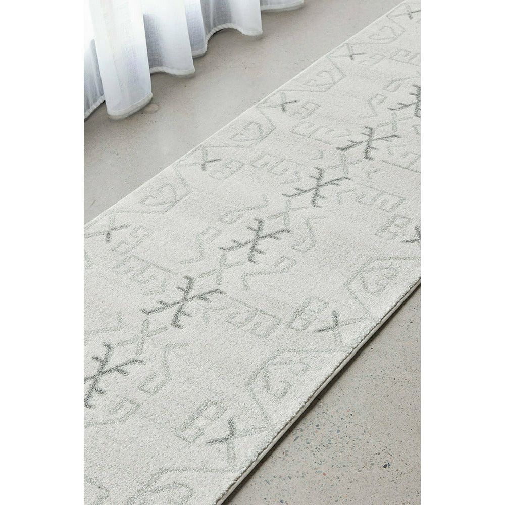 Grey runner rug with subtle geometric pattern and soft texture on light flooring.