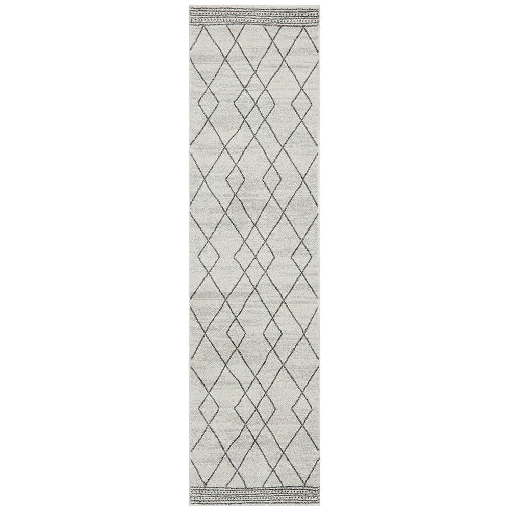 Off-white and grey runner rug with modern tribal diamond pattern and textured weave.