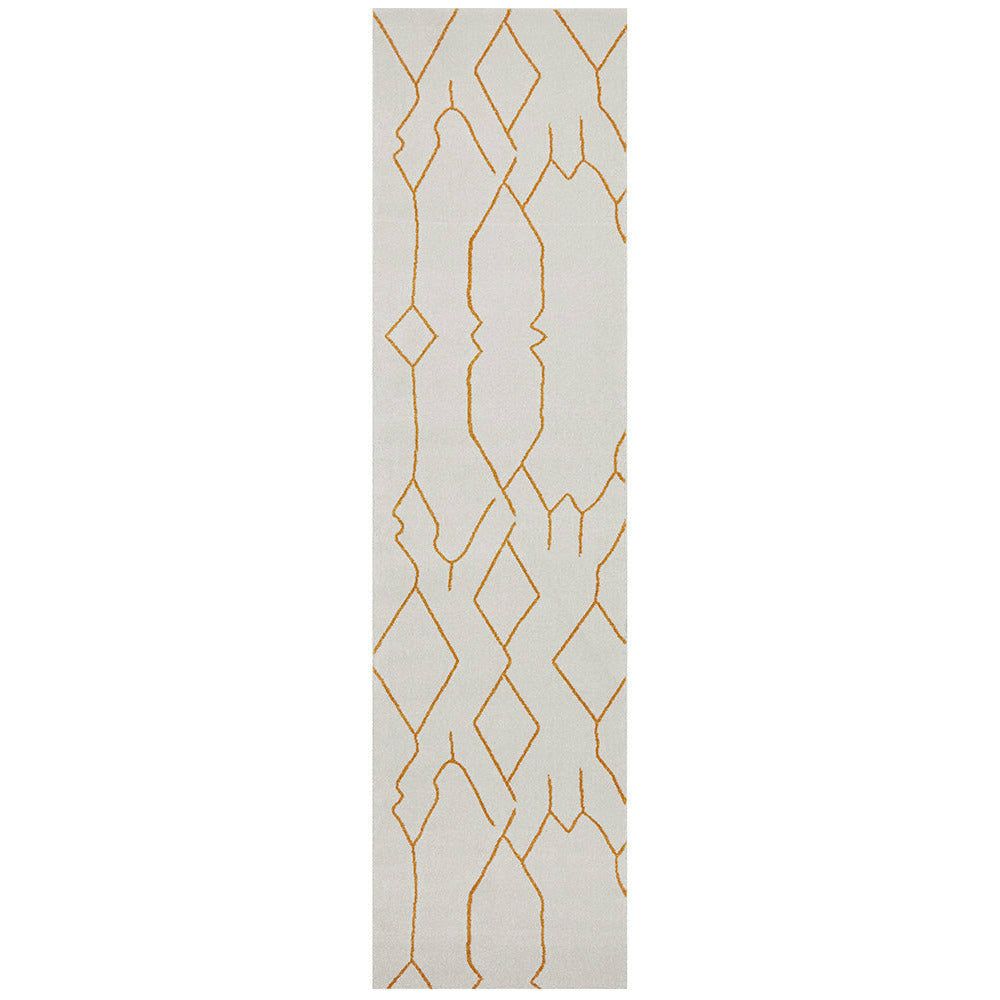 Cream runner rug with a modern gold geometric pattern and a soft flat weave texture.