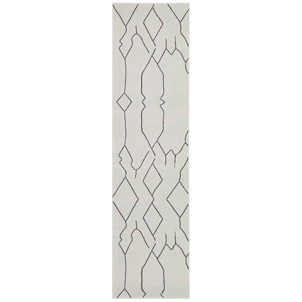 Grey runner rug with a geometric black line pattern on a light background.