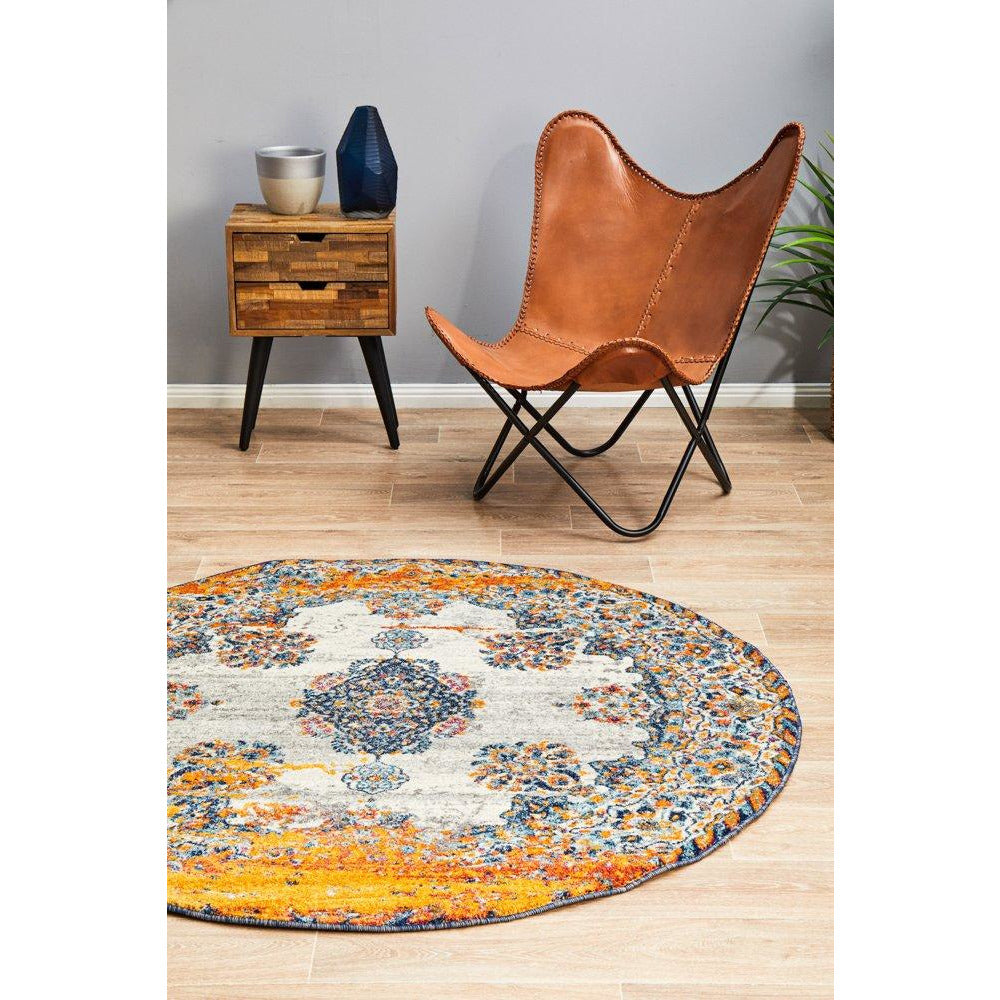 Kahn 886 White Grey Orange Multi Colour Transitional Medallion Patterned Round Rug - Rugs Of Beauty - 4