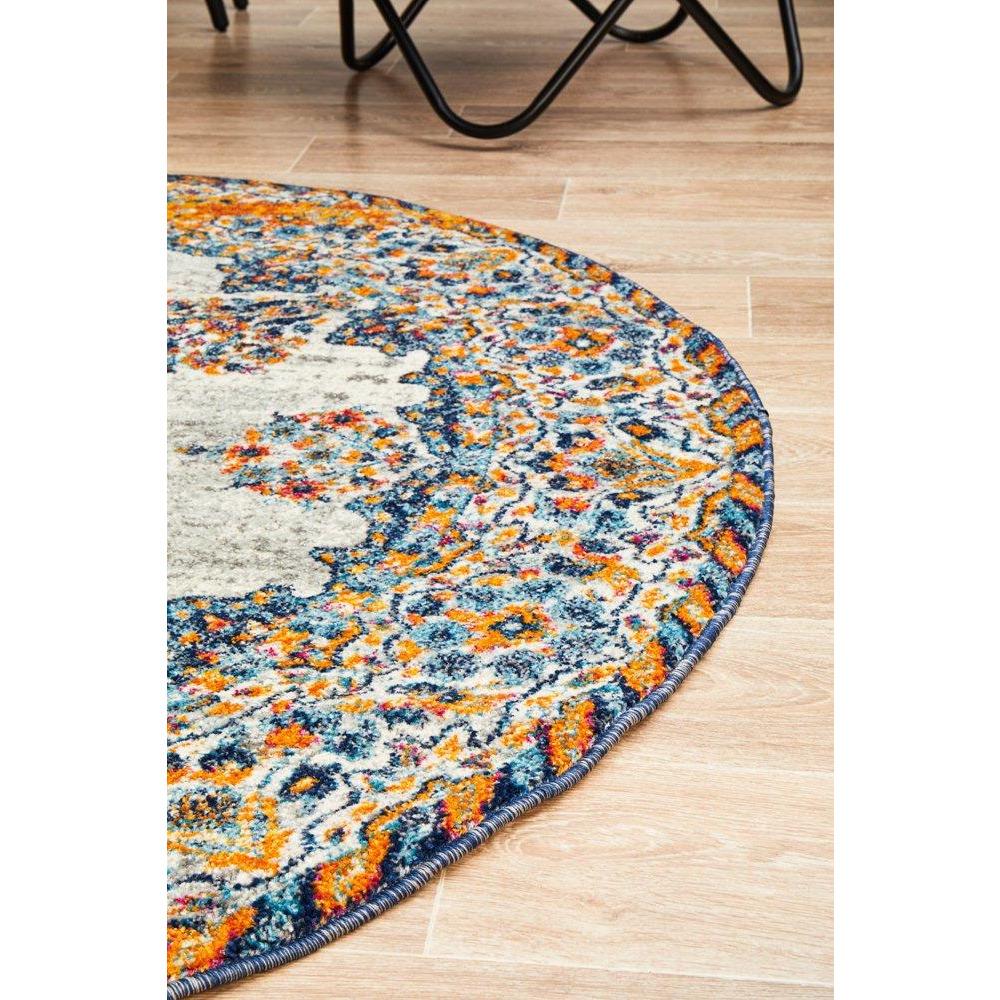 Kahn 886 White Grey Orange Multi Colour Transitional Medallion Patterned Round Rug - Rugs Of Beauty - 6