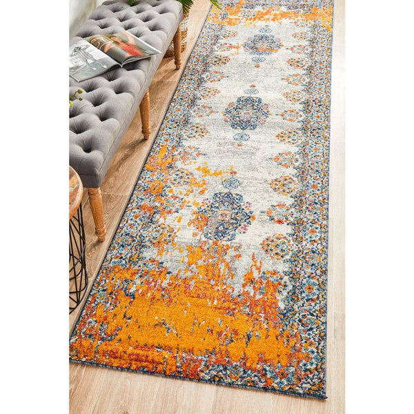 Kahn 886 White Grey Orange Multi Colour Transitional Medallion Patterned Runner Rug - Rugs Of Beauty - 2
