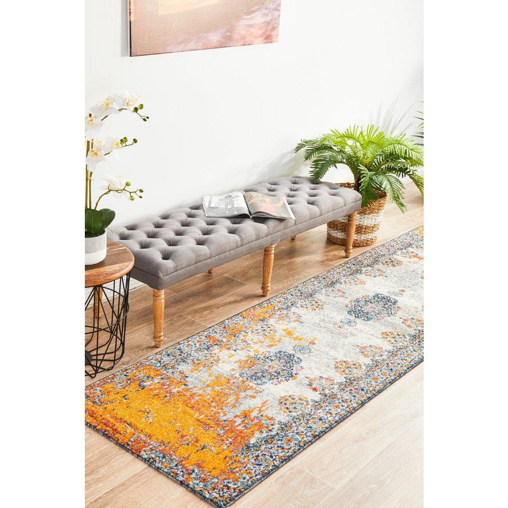 Kahn 886 White Grey Orange Multi Colour Transitional Medallion Patterned Runner Rug - Rugs Of Beauty - 3