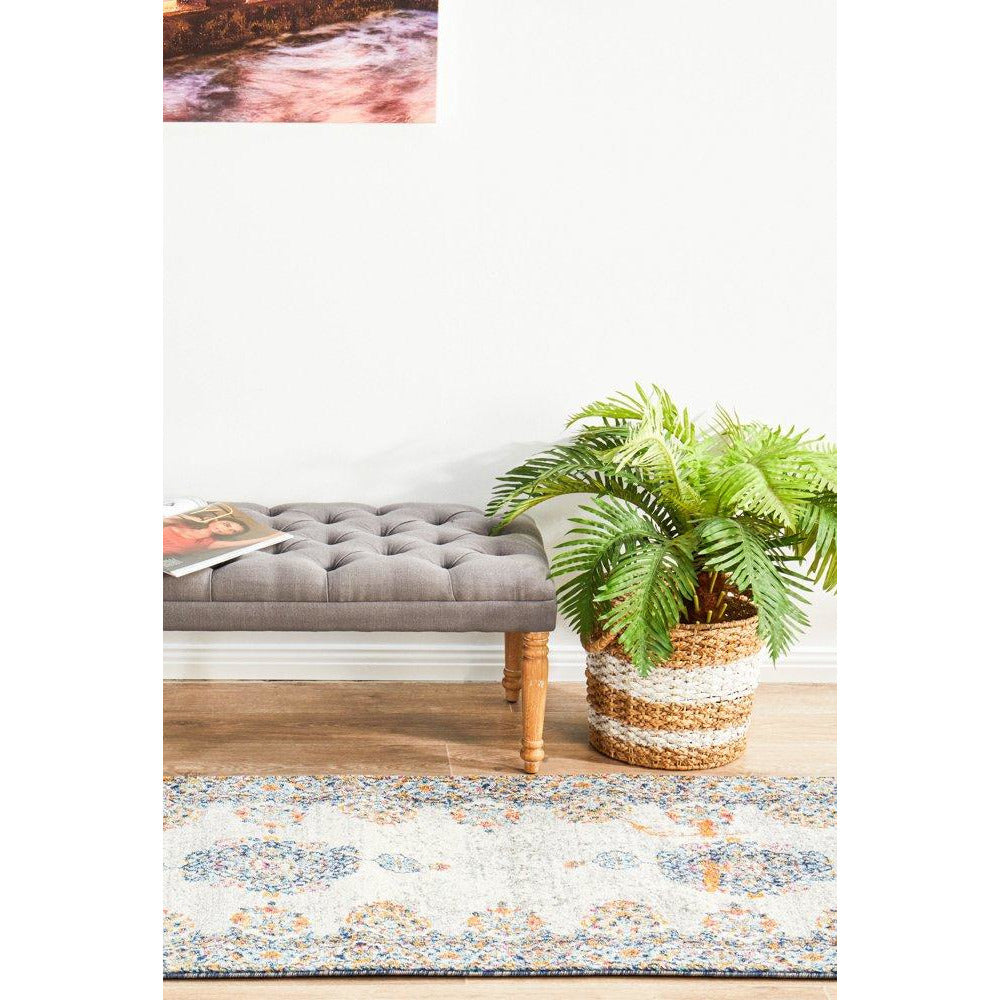 Kahn 886 White Grey Orange Multi Colour Transitional Medallion Patterned Runner Rug - Rugs Of Beauty - 4