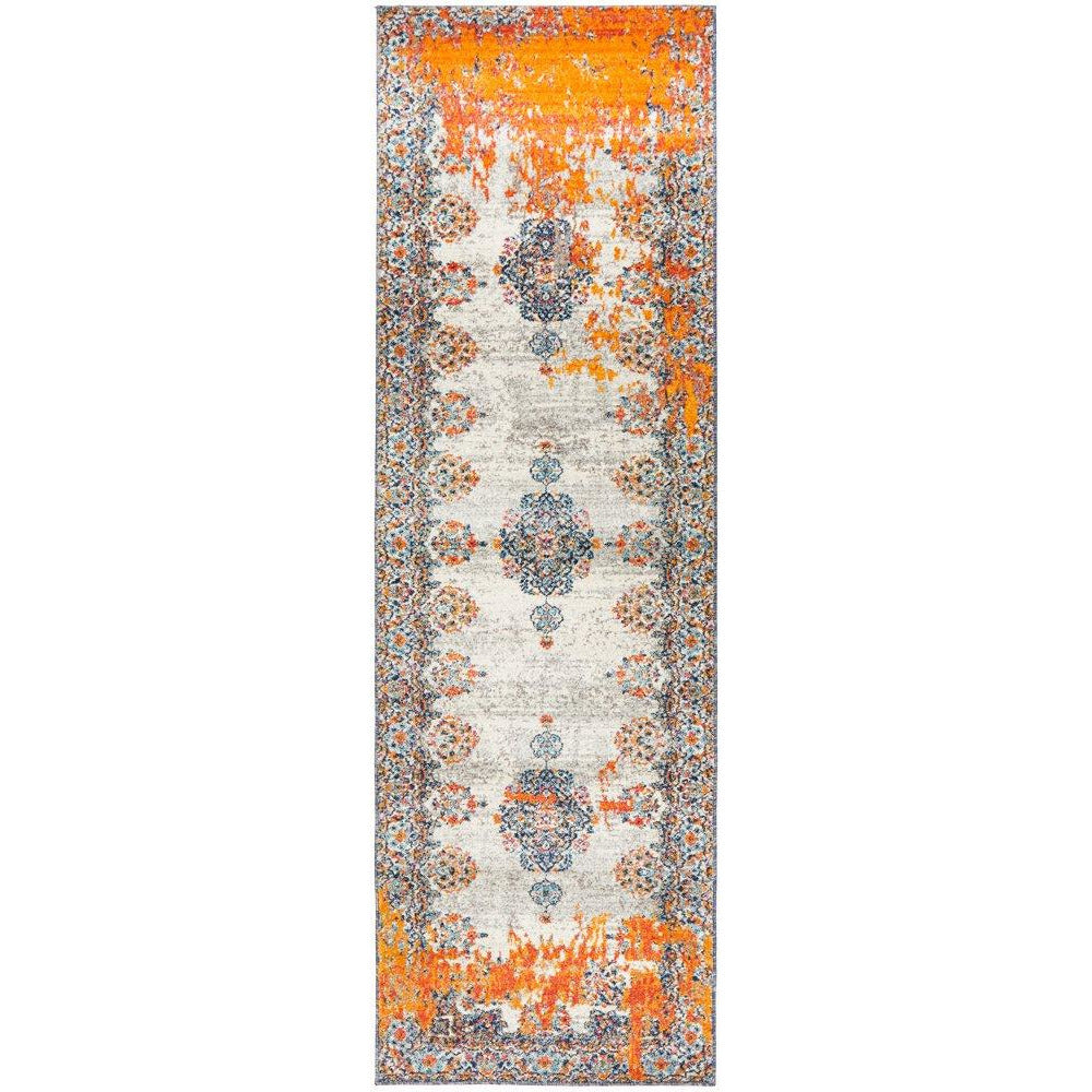 Kahn 886 White Grey Orange Multi Colour Transitional Medallion Patterned Runner Rug - Rugs Of Beauty - 1