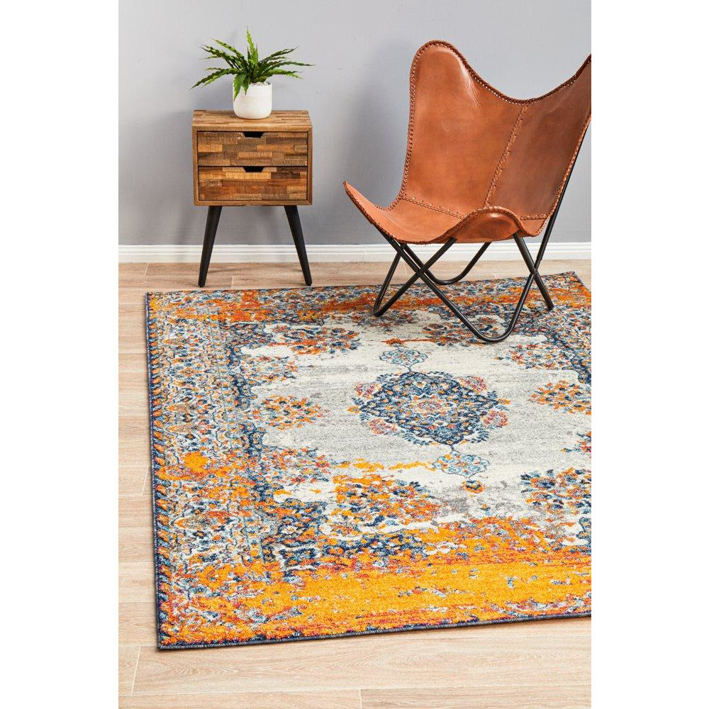 Kahn 886 White Grey Orange Multi Colour Transitional Medallion Patterned Rug - Rugs Of Beauty - 2