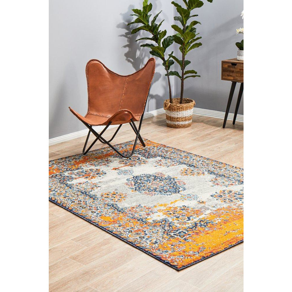Kahn 886 White Grey Orange Multi Colour Transitional Medallion Patterned Rug - Rugs Of Beauty - 3