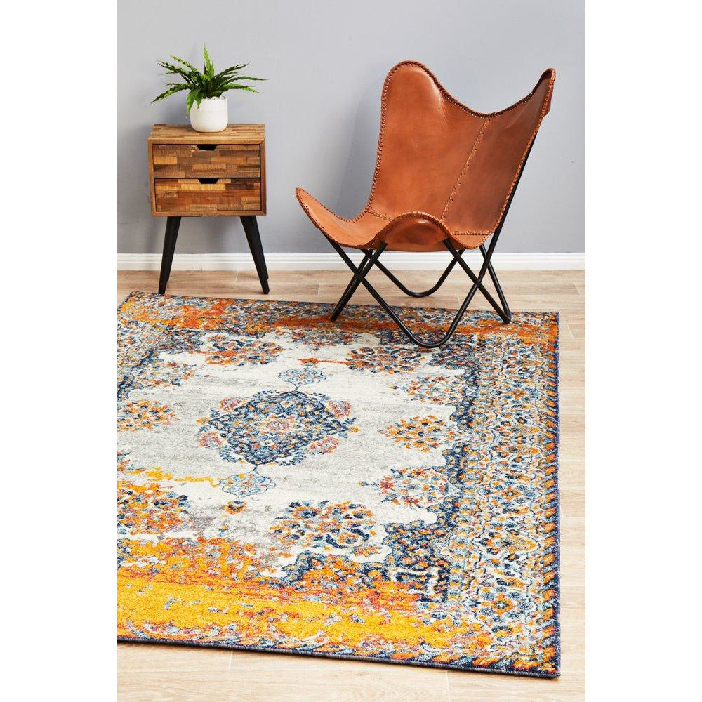 Kahn 886 White Grey Orange Multi Colour Transitional Medallion Patterned Rug - Rugs Of Beauty - 4