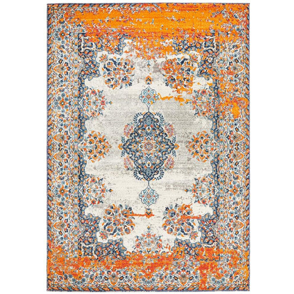 Kahn 886 White Grey Orange Multi Colour Transitional Medallion Patterned Rug - Rugs Of Beauty - 1