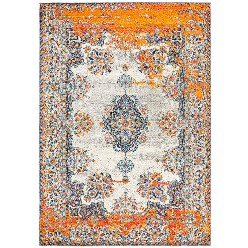 Kahn 886 White Grey Orange Multi Colour Transitional Medallion Patterned Rug - Rugs Of Beauty - 1