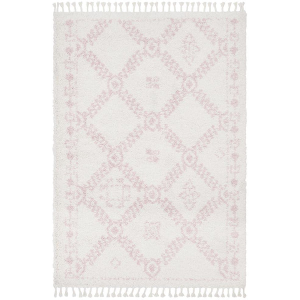 Pink and white Moroccan-inspired shaggy rug with diamond and floral pattern, fringed edges.