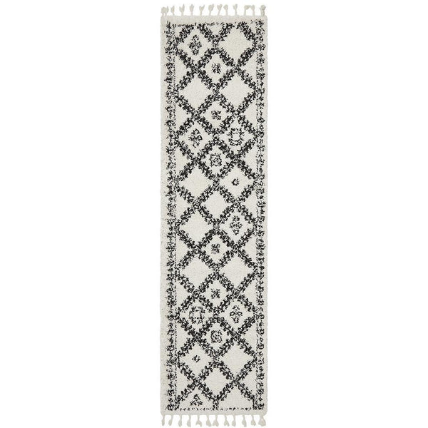 Zaria 153 White Black Moroccan Inspired Modern Shaggy Runner Rug - Rugs Of Beauty - 1
