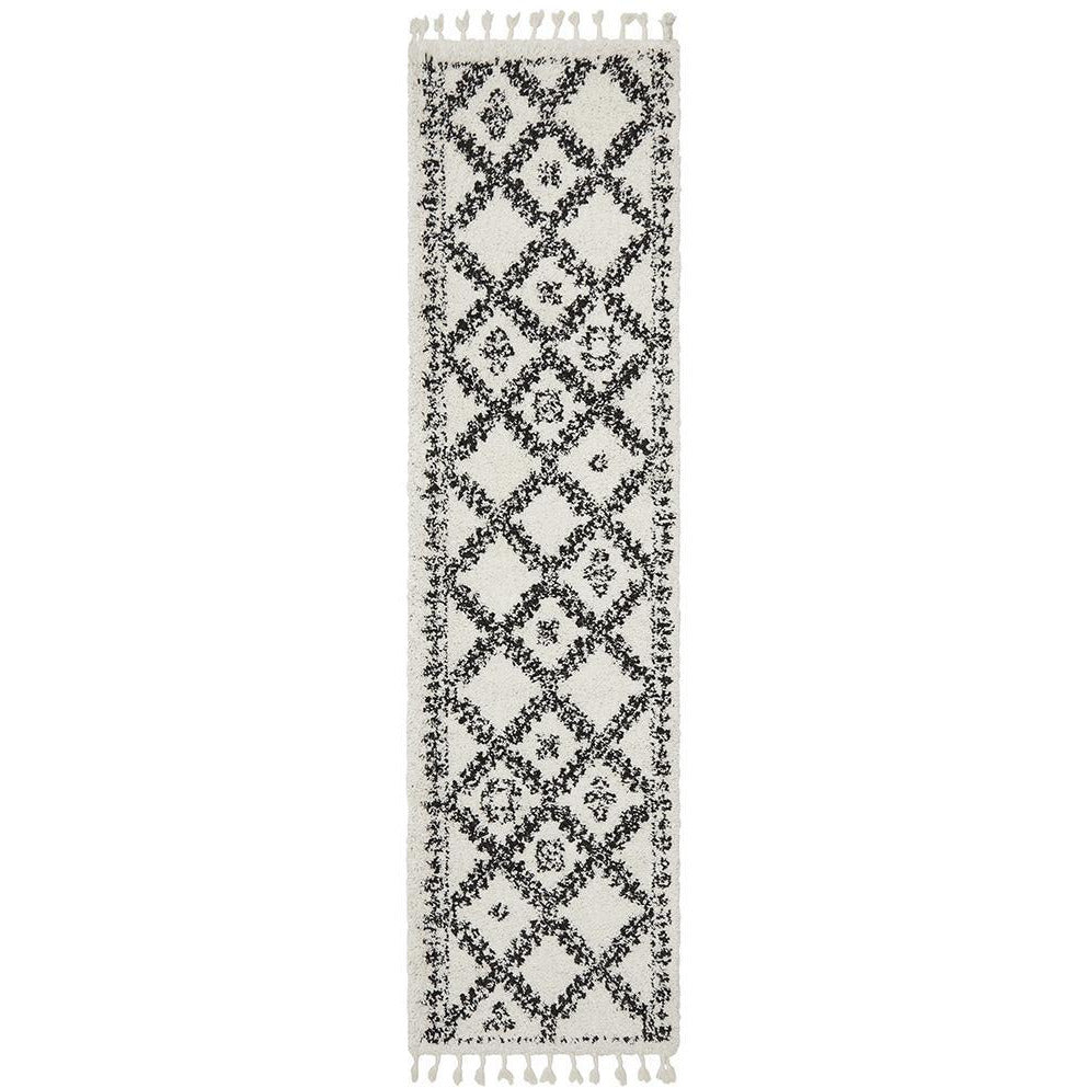Zaria 153 White Black Moroccan Inspired Modern Shaggy Runner Rug - Rugs Of Beauty - 1
