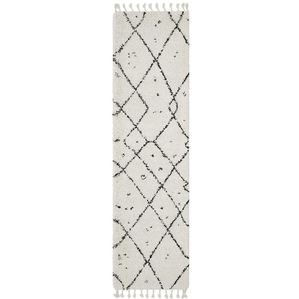 Zaria 154 White Black Moroccan Inspired Modern Shaggy Runner Rug - Rugs Of Beauty - 1