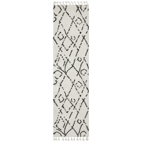 Zaria 155 White Black Moroccan Inspired Modern Shaggy Runner Rug - Rugs Of Beauty - 1