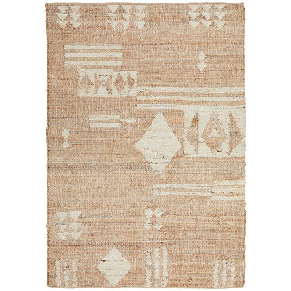Natural beige jute rug with white geometric and tribal-inspired patterns, flatwoven texture.
