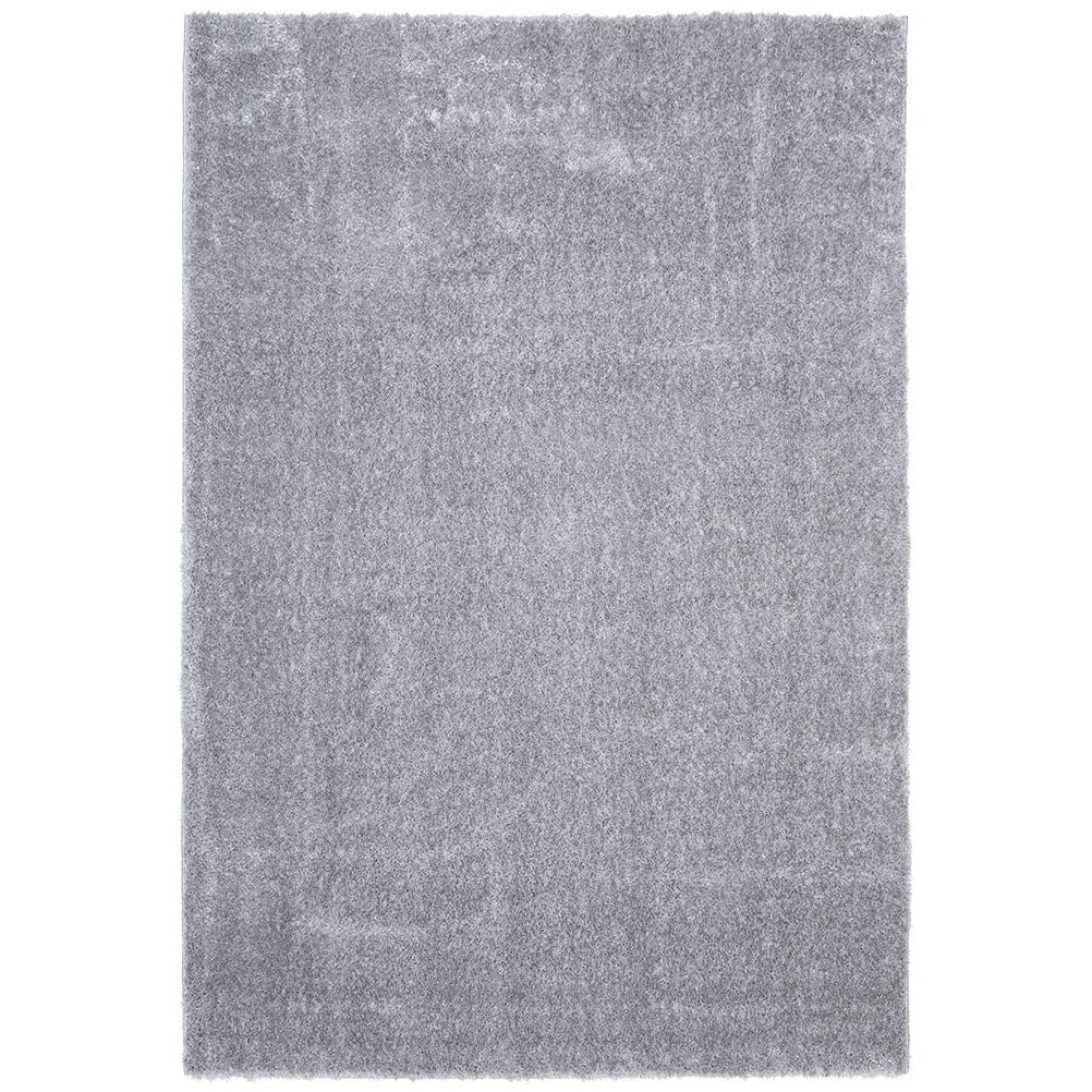 Silver grey soft shaggy rectangular rug with dense polyester pile and subtle texture.