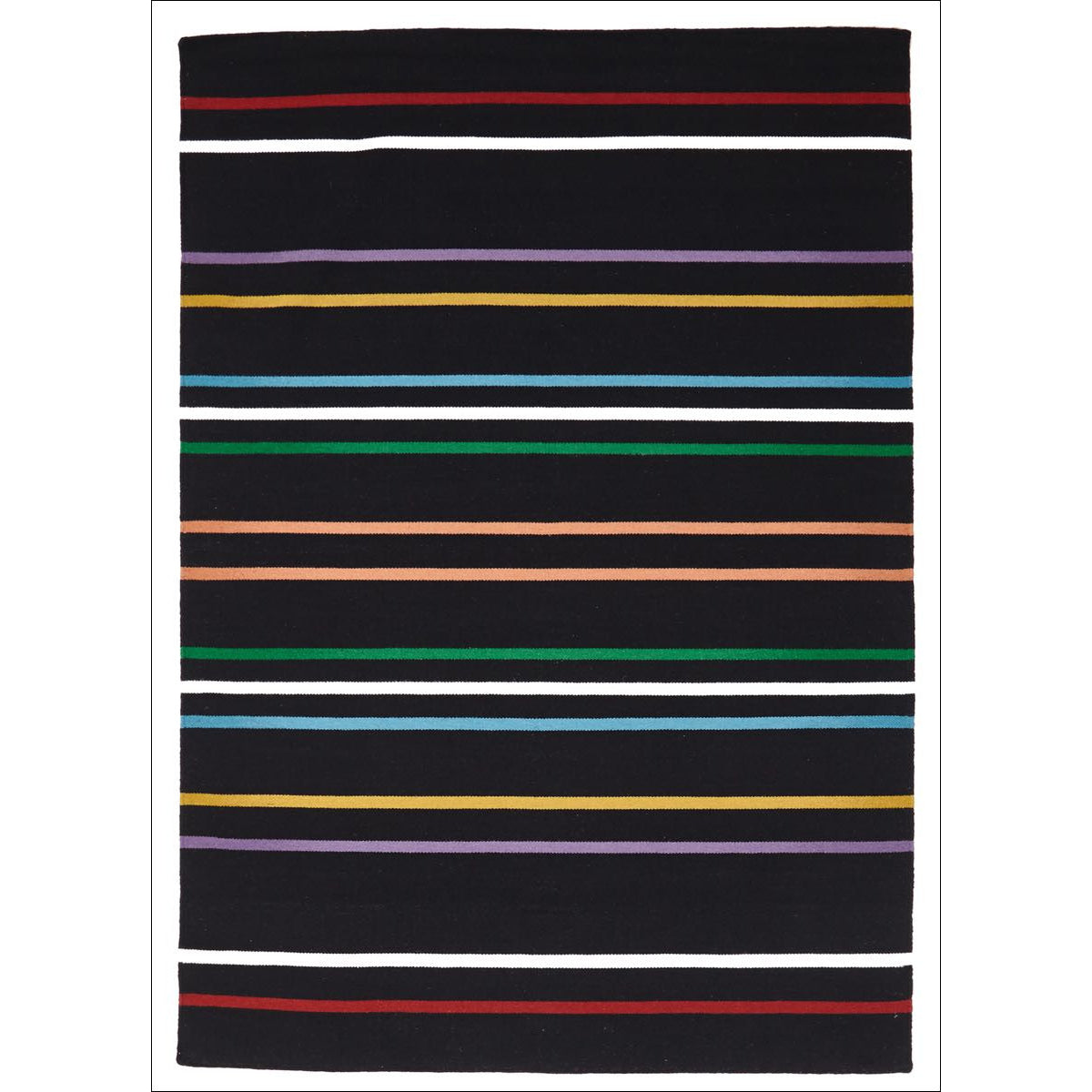 Oslo Multi Coloured Stripe Flat Weave Wool Rug Black - Rugs Of Beauty