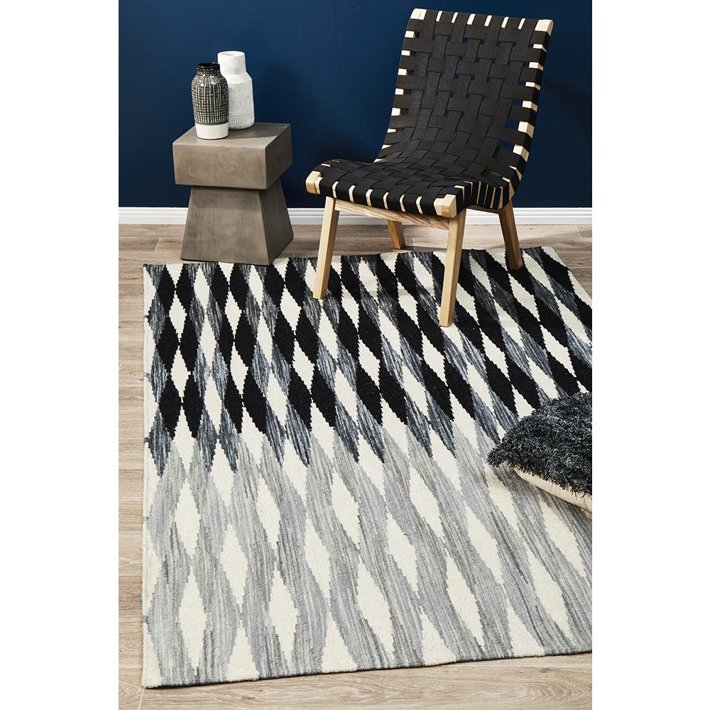Avesta 1758 Black Multi Coloured Weave Pattern Modern Scandinavian Wool Rug - Rugs Of Beauty - 2