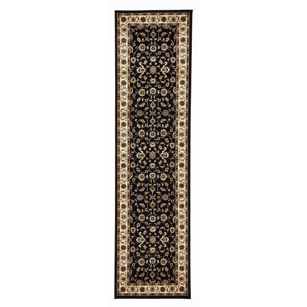 Black runner rug with intricate traditional floral pattern and ivory decorative border.