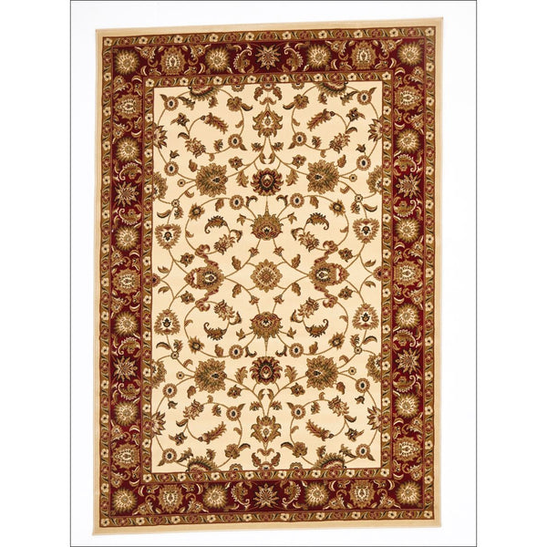 Ivory rug with intricate floral traditional pattern and wide red border, machine-made polypropylene.