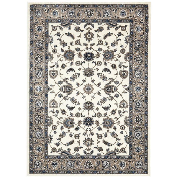White rug with intricate floral motifs and a beige ornate border in traditional style.