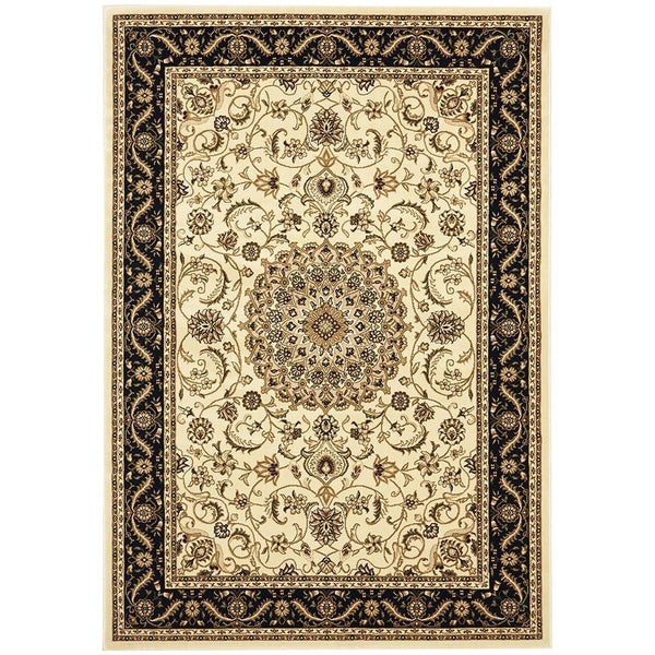 Ivory rug with intricate traditional medallion pattern and detailed black border.